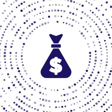 Mavi Para Çantası simgesi beyaz arkaplanda izole edildi. Dolar ya da USD sembolü. Nakit bankacılık tabelası. Soyut çember rastgele noktalar. Vektör.