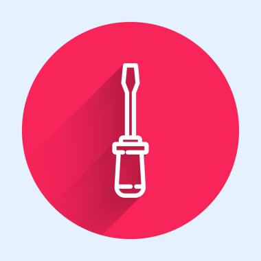 Beyaz çizgi tornavida simgesi uzun gölgeli izole edildi. Servis aracı sembolü. Kırmızı daire düğmesi. Vektör İllüstrasyonu.