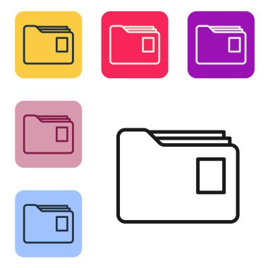 Beyaz arkaplanda siyah çizgi dosya klasörü simgesi izole edildi. Muhasebe klasörü sembolü. Muhasebe yönetimi. Renkli kare düğmelerle simgeleri ayarla. Vektör İllüstrasyonu.