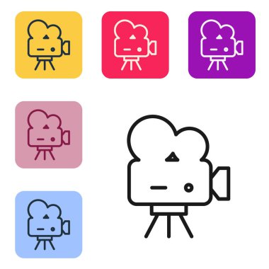 Siyah çizgi Retro sinema kamera ikonu beyaz arkaplanda izole edildi. Video kamera. Film tabelası. Film projektörü. Renkli kare düğmelerle simgeleri ayarla. Vektör İllüstrasyonu.