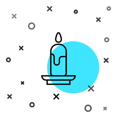 Beyaz arkaplanda siyah çizgi yanan mum simgesi izole edildi. Silindirik mum çubuğu ve yanan ateş. Rastgele dinamik şekiller. Vektör İllüstrasyonu.