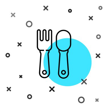 Siyah çizgi çatal ve kaşık simgesi beyaz arkaplanda izole edilmiş. Mutfak aletleri. Çatal bıçak seti. Rastgele dinamik şekiller. Vektör İllüstrasyonu.