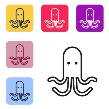 Siyah çizgi Ahtapot simgesi beyaz arkaplanda izole edildi. Renkli kare düğmelerle simgeleri ayarla. Vektör.