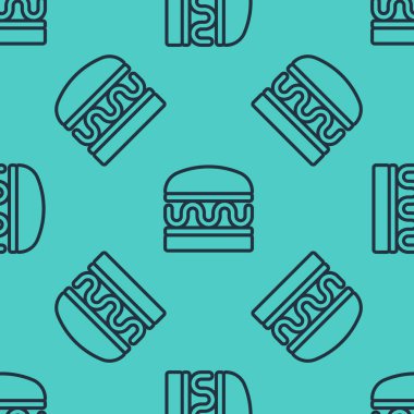 Siyah çizgi Burger ikonu yeşil arka planda kusursuz desen izole etti. Hamburger ikonu. Çizburger sandviç tabelası. Fast food menüsü. Vektör.