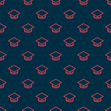 Kırmızı çizgi mezuniyet simgesi siyah arkaplanda izole edilmiş. Tassel ikonlu mezuniyet şapkası. Vektör.