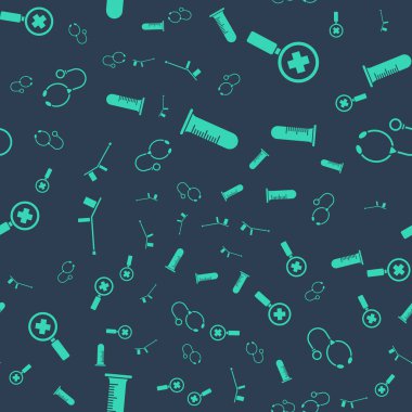 Test tüpünü ve matarayı tıbbi araştırma için büyüteç, koltuk değneği ya da koltuk değneği ve stetoskobu kusursuz desene ayarlayın. Vektör.