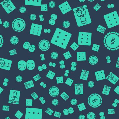 Oyun zarlarını, kumarhane satıcısını, poker oyuncusunu ve kumarhane çiplerini kusursuz bir şekilde ayarla. Vektör.