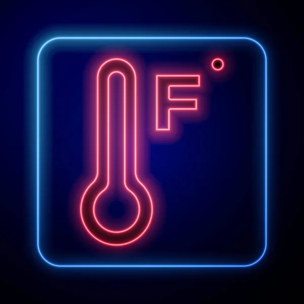 青い背景に隔離された熱と冷たいアイコンを測定するネオン気象温度計を光る 華氏の温度 ベクトル — ストックベクタ