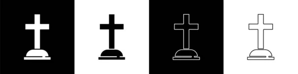 Set Tombstone Con Icona Croce Isolata Sfondo Bianco Nero Icona — Vettoriale Stock
