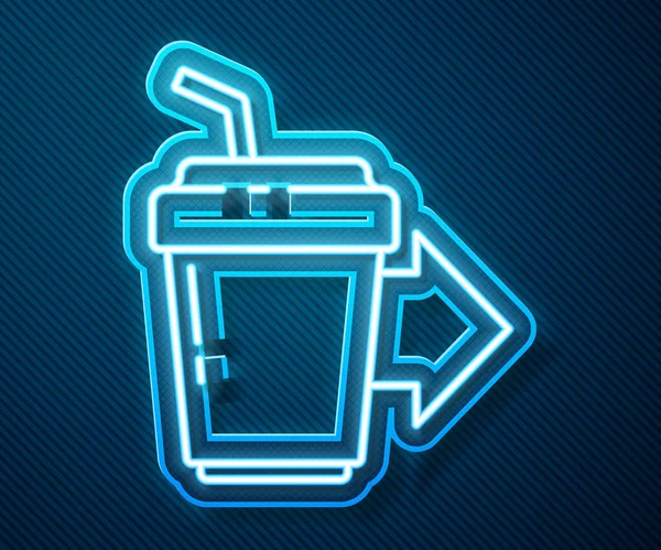 Gloeiende Neon Lijn Koffie Kopje Gaan Pictogram Geïsoleerd Blauwe Achtergrond — Stockvector