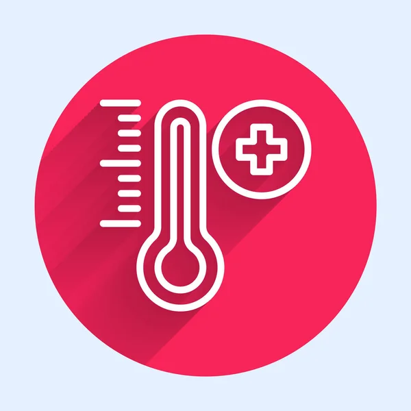 Witte Lijn Meteorologie Thermometer Meten Pictogram Geïsoleerd Met Lange Schaduw — Stockvector