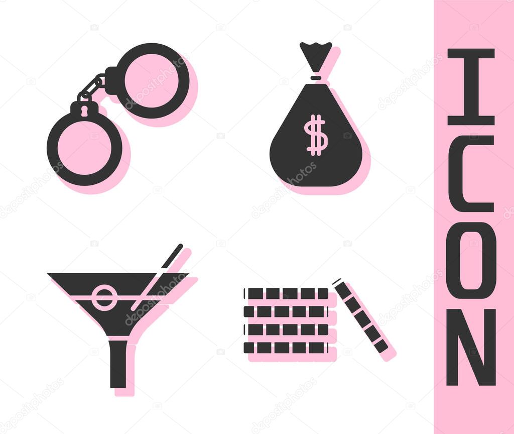 Set Casino chips, Handcuffs, Martini glass and Money bag icon. Vector.
