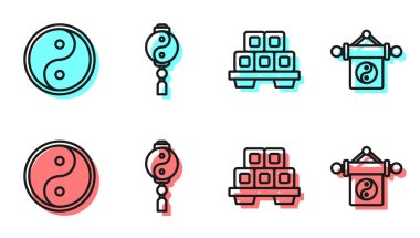 Kesme tahtasındaki Suşi, Yin Yang, Yin Yang ve Yin Yang ikonu. Vektör.