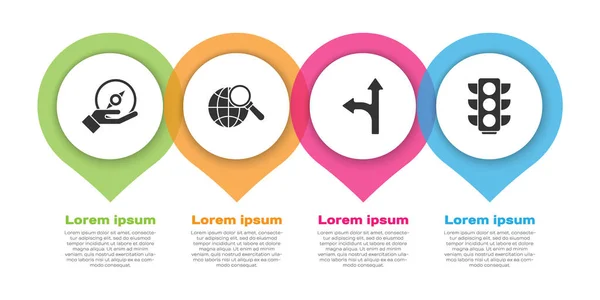 Set Brújula Lupa Con Globo Señal Tráfico Semáforo Plantilla Infografía — Vector de stock