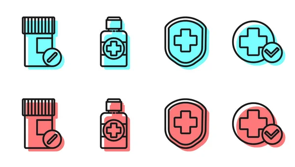 Set Line Bouclier Médical Avec Croix Flacon Médicament Pilules Flacon — Image vectorielle