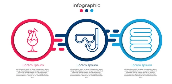 Set Line Cocktail Und Alkoholgetränk Tauchermaske Und Schnorchel Und Handtuchstapel — Stockvektor