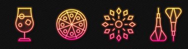 Set line Firework, Cocktail and alcohol drink, Pizza and Dart arrow. Glowing neon icon. Vector. clipart