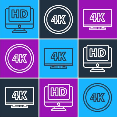 HD video, 4k ve 4k Ultra HD simgesi ile ekran TV ile satır monitörünü ayarla. Vektör.