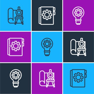 Çizgi grafikleme kağıdı ve pusulayı, ampul teçhizatını ve Kullanıcı elle simgesini ayarla. Vektör.