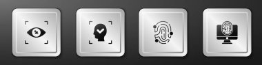 Göz taraması, yüz tanıma, parmak izi ve parmak izi ikonuyla monitörü ayarla. Gümüş kare düğme. Vektör.