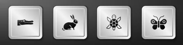 Set Crocodile Rabbit Turtle Butterfly Icon Silver Square Button Vector — Stock Vector
