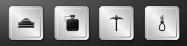 Salon kapısı, kantin su şişesi, kazma ve darağacı halat ikonu. Gümüş kare düğme. Vektör.