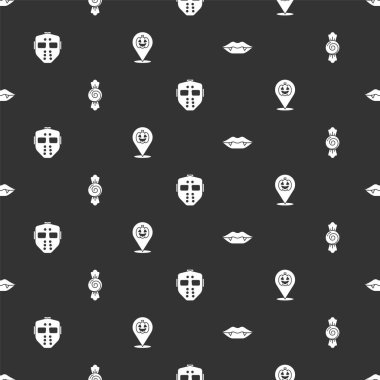 Vampir dişleri, Candy, Hokey maskesi ve Balkabağı 'nı kusursuz kalıba sokun. Vektör.