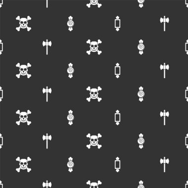 Candy 'yi, tahta baltayı, Kurukafa' yı çapraz ve kusursuz desenlere ayarla. Vektör.