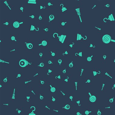 Korsan kancası, Cadı süpürgesi, Göz ve Lolipop 'u kusursuz desene ayarlayın. Vektör.