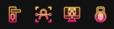 Çizgi yüz tanıma, parmak izi kapı kilidi ve onunla. Parlayan neon ikonu. Vektör.
