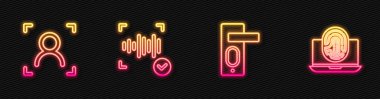 Parmak izi kapı kilidi, yüz tanıma, ses ve parmak izi olan dizüstü bilgisayarı ayarla. Parlayan neon ikonu. Vektör.