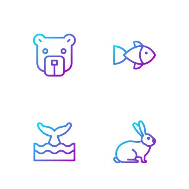 Çizgi Tavşan, okyanus dalgasında balina kuyruğu, Ayı kafası ve Balık. Renk simgeleri. Vektör.