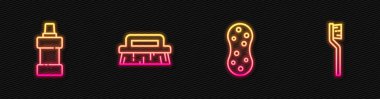 Sünger, temizlik malzemesi şişesi, fırça ve diş fırçası. Parlayan neon ikonu. Vektör.