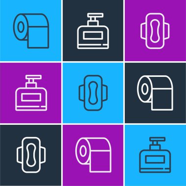 Sıra tuvalet kağıdı rulosu, hijyenik peçete ve bir şişe şampuan ikonu. Vektör.