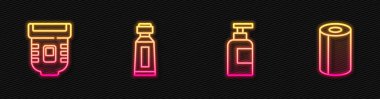 Şişe şampuan, Epilatör, tüp diş macunu ve kağıt havlu rulosu. Parlayan neon ikonu. Vektör.