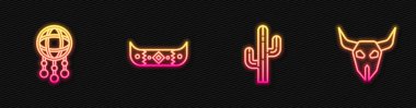 Çizgi Kaktüs, tüylü Rüya Avcısı, Kano, Kürek ve Buffalo Kafatası. Parlayan neon ikonu. Vektör.