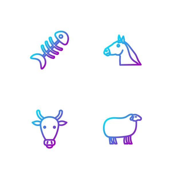 Set Line Sheep Cow Head Fish Skeleton Horse Gradient Color — Stock Vector