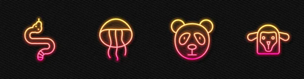 设置线可爱熊猫脸 水母和羊头 发光的霓虹灯图标 — 图库矢量图片
