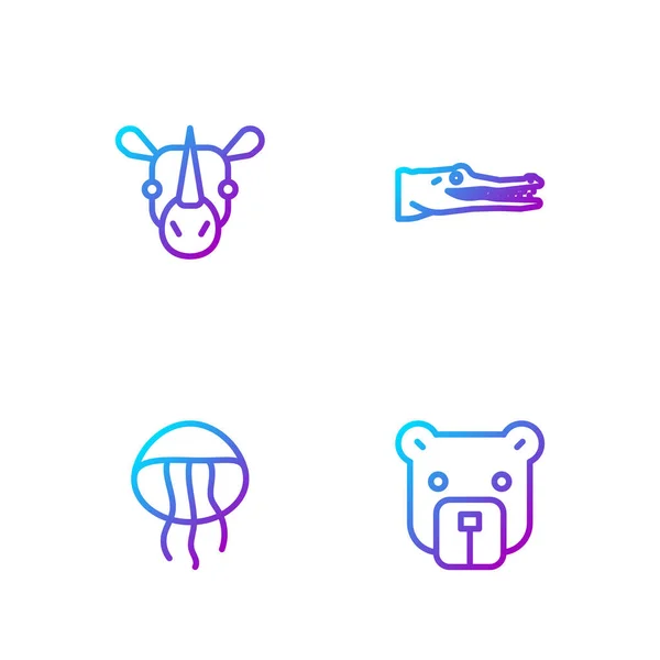 设定线 犀牛和鳄鱼 明亮的色彩图标 — 图库矢量图片