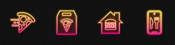 Establecer Línea Pedido Entrega Línea Pizza Icono Neón Brillante Vector — Archivo Imágenes Vectoriales