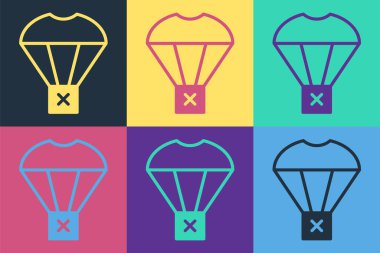 Paraşüt ikonu üzerinde uçan Pop Art Box renkli arka planda izole edilmiş. Nakliye için paraşütlü paket. Teslimat servisi, hava taşımacılığı. Vektör.