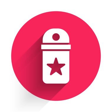 Beyaz sembol uzun gölgeli izole edilmiş. Askeri rozet işareti. Kırmızı daire düğmesi. Vektör.