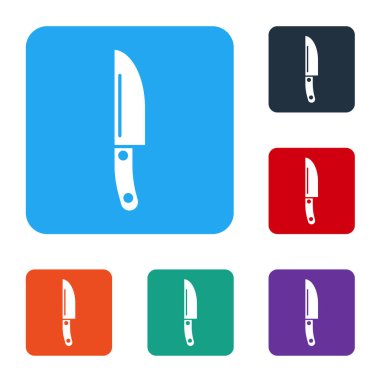 Beyaz Bıçak simgesi beyaz arkaplanda izole edildi. Çatal bıçak sembolü. Renkli kare düğmelerle simgeleri ayarla. Vektör.