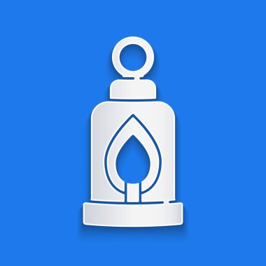 Kağıt kesiği Kamp feneri ikonu mavi arkaplanda izole edilmiş. Mutlu Cadılar Bayramı Partisi. Kağıt sanatı tarzı. Vektör.