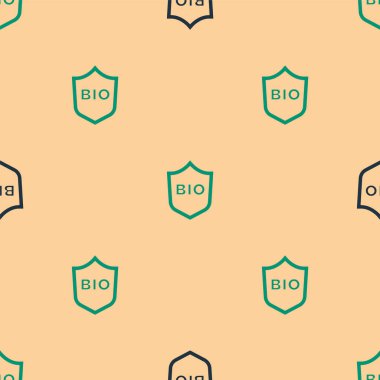 Biyolojik yeşil sağlıklı yiyecek ikonu için yeşil ve siyah kalkan bej arka planda izole edilmiş pürüzsüz desen. Organik ürün. Sağlıklı yemek etiketi. Vektör.