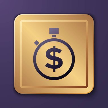 Mor Zaman, mor arka planda izole edilmiş para simgesidir. Para zamandır. Etkili zaman yönetimi. Zamanı paraya çevir. Kronometre işareti. Altın kare düğme. Vektör.