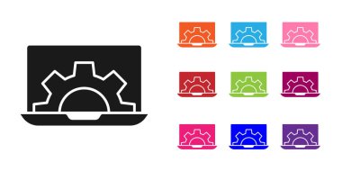Siyah Yazılım, Web Geliştirme, programlama konsepti simgesi beyaz arka planda izole edilmiş. Programlama dili ve program kodu ekranda. Simgeleri renklendirin. Vektör.