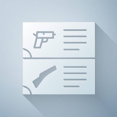 Kağıt kesiği Silah katalogu simgesi gri arkaplanda izole edildi. Polis ya da askeri silah. Küçük ateşli silah. Kağıt sanatı tarzı. Vektör.