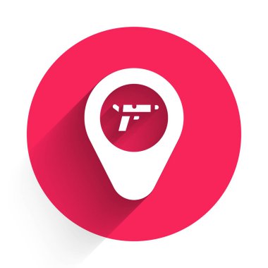 Uzun gölgeli, silah ikonuna sahip beyaz konum. Kırmızı daire düğmesi. Vektör.