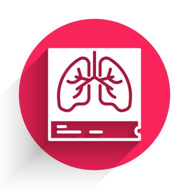 Beyaz akciğerler x-ray teşhis ikonu uzun gölgeli izole edildi. Ciğerlerin ekran görüntüsü. Kırmızı daire düğmesi. Vektör.
